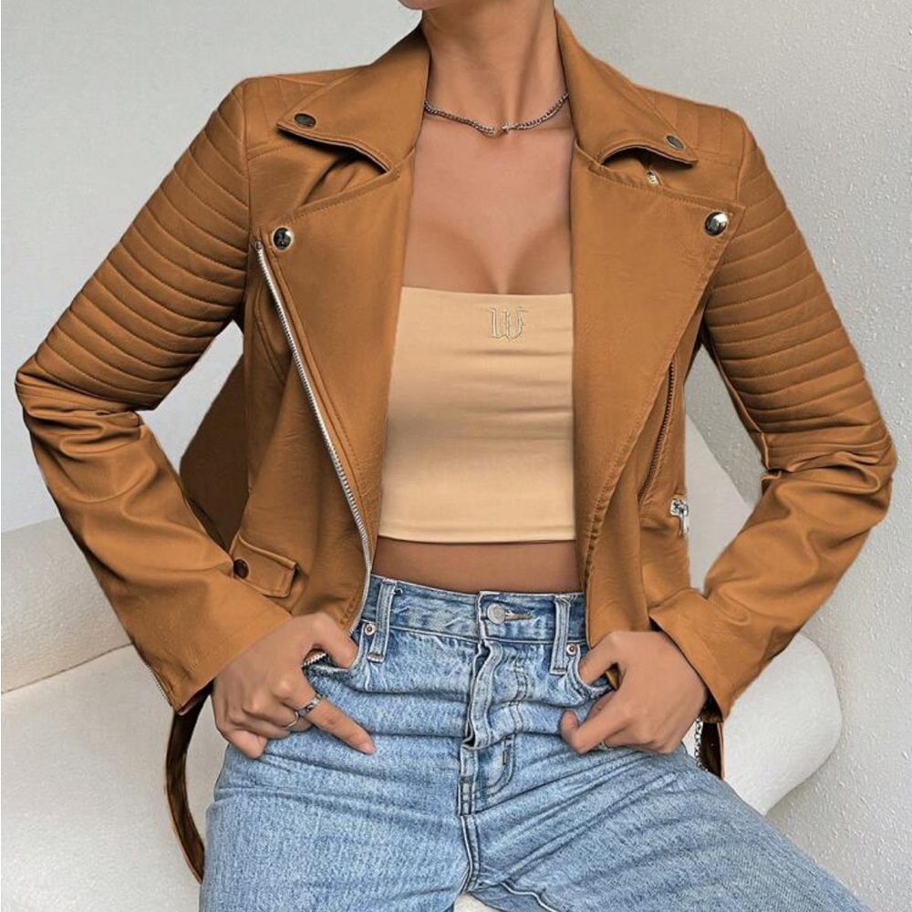 leather zipper biker moto motorcycle jacket camel - Picture 9 of 10